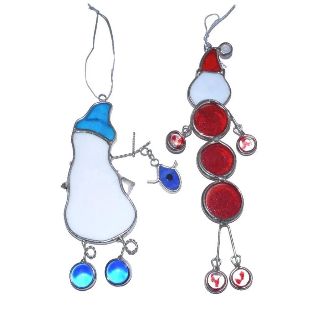 Two vintage handmade stained glass Christmas Ornaments Santa & Snowman 6-8